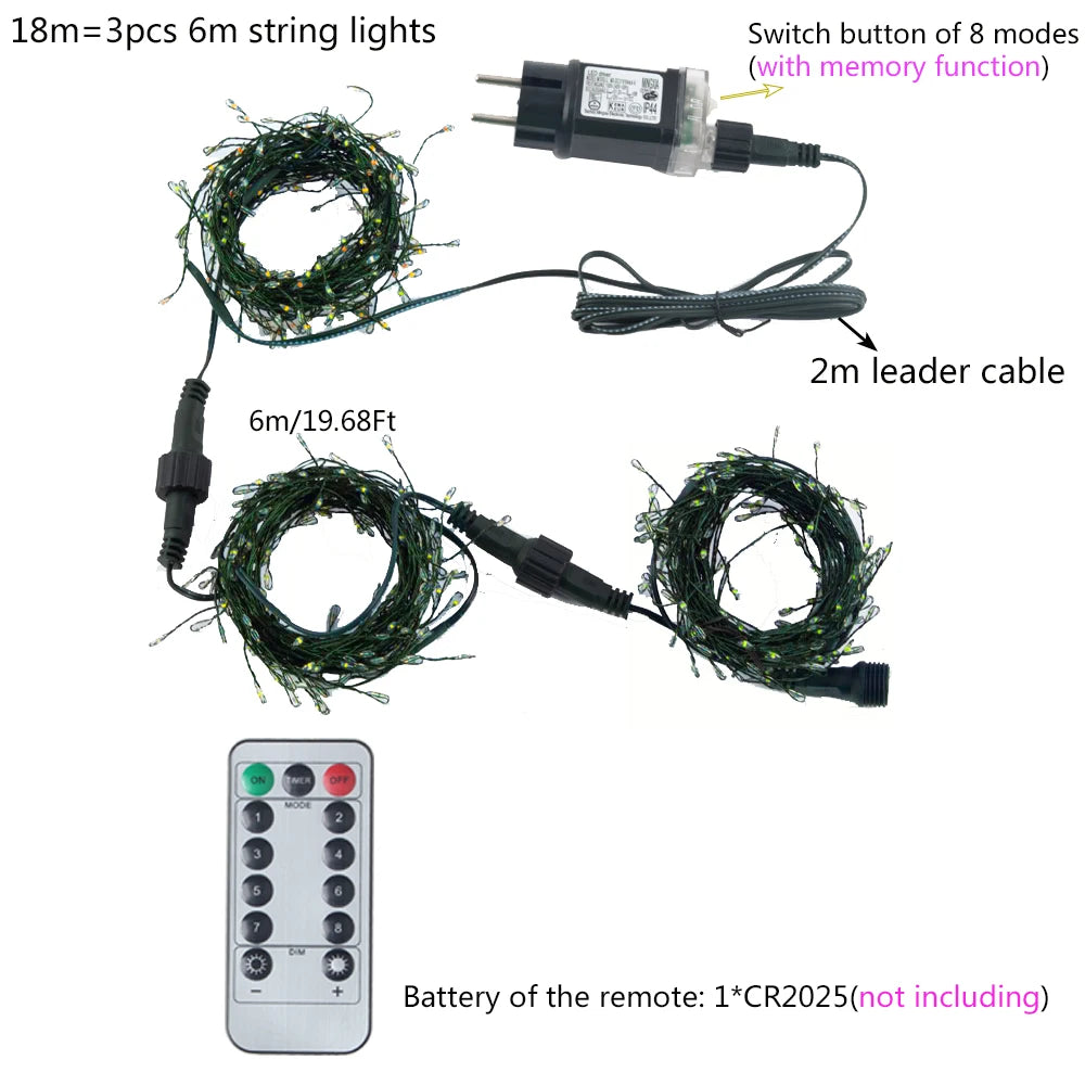 6M-42M LED Fairy Lights Cluster Firecracker String Holiday Wreath Terrace Home Birthday Christmas Tree Decorative Lamp